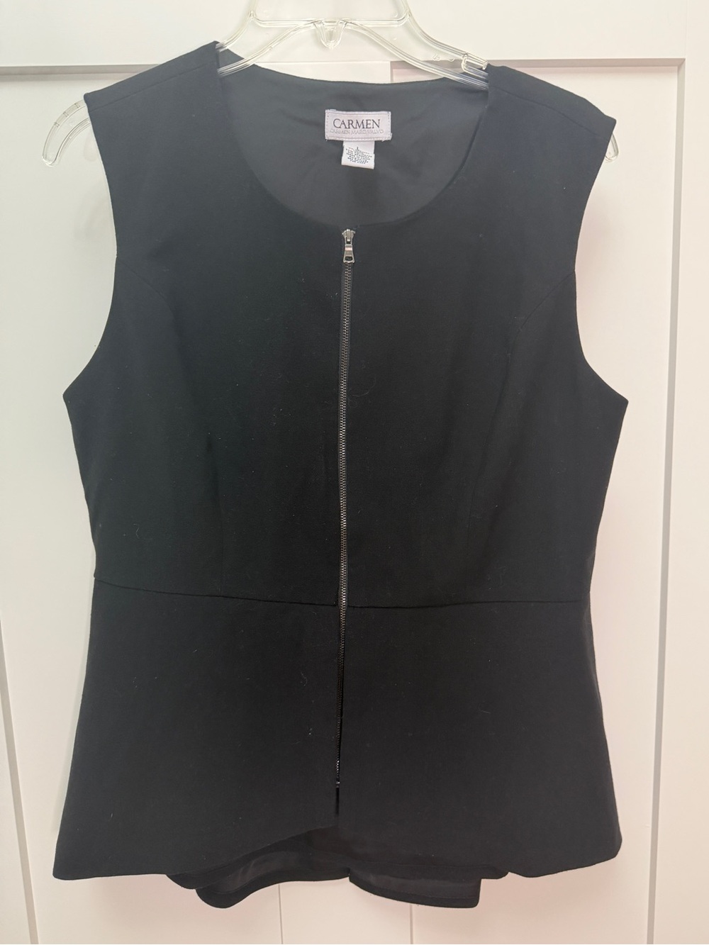 Carmen Marc Valvo Black Sleeveless Zip-Front Peplum Top